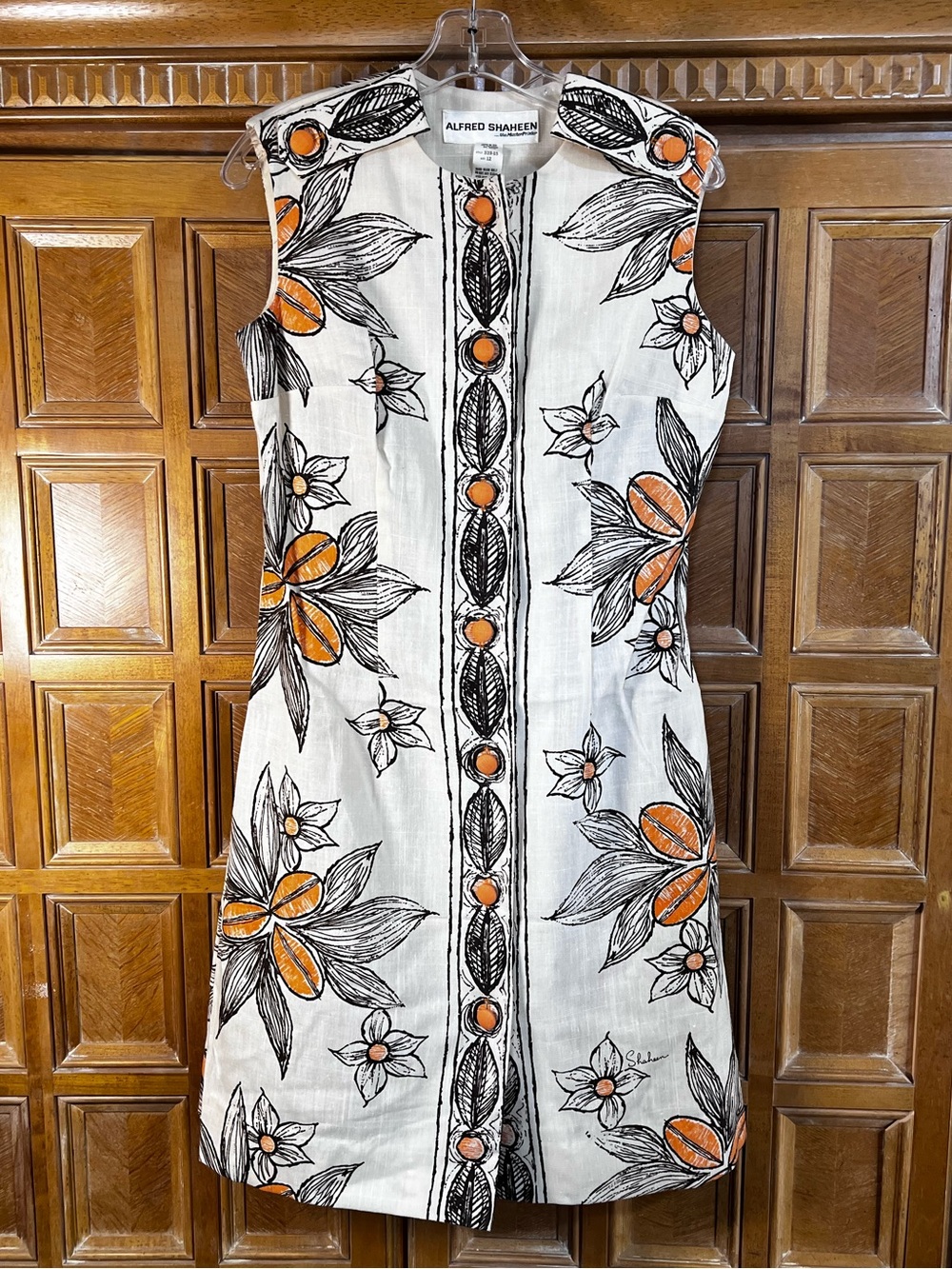 Vintage Alfred Shaheen Dress Sz 12 60s 70s Floral Orange Black Sleeveless USA